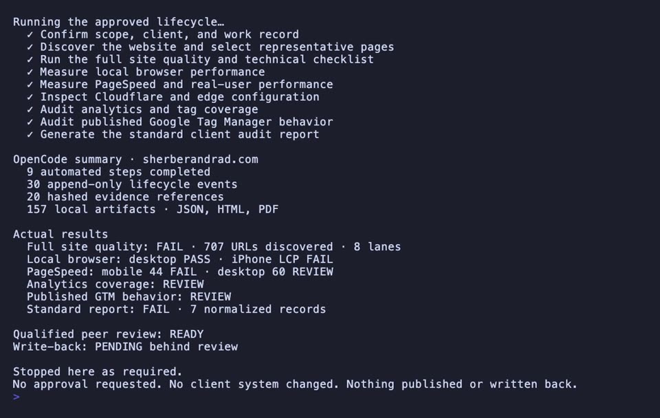 OpenCode running the full client website audit for sherberandrad.com